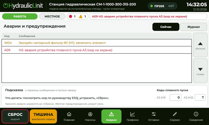 АСУ ТП 9 - Производство гидравлического оборудования Экран «Аварии и предупреждения» с кодами сообщений и подсказкой, что делать