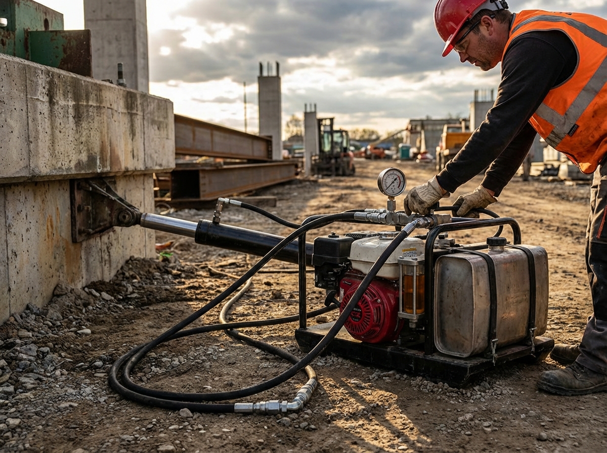 Бензиновая гидростанция на стройплощадке без электричества - автономная работа для монтажа моста и запрессовки узлов