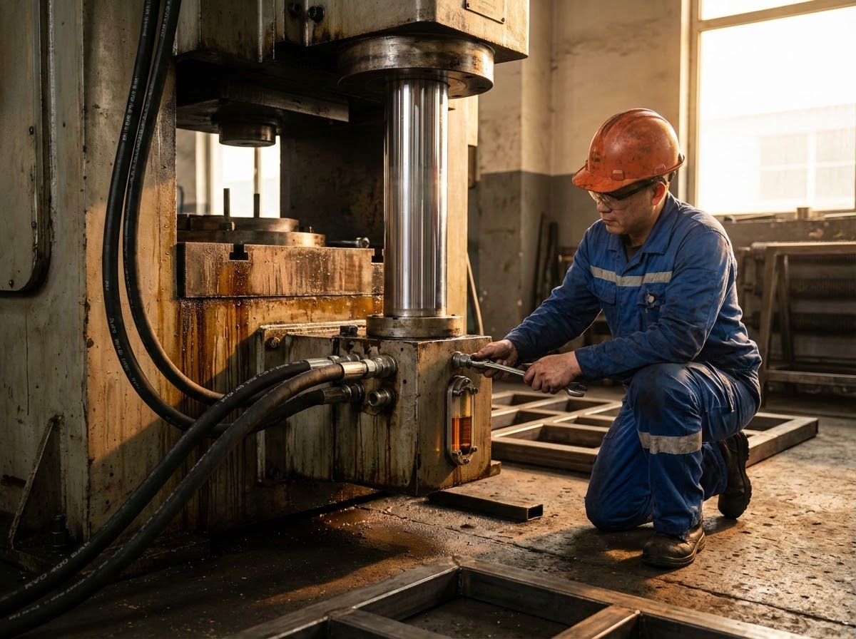 Гидроцилиндр: какой выбрать и не пожалеть 1 - Производство гидравлического оборудования Гидроцилиндр двухстороннего действия на промышленном прессе - рабочий подключает маслопроводы к штоковой полости