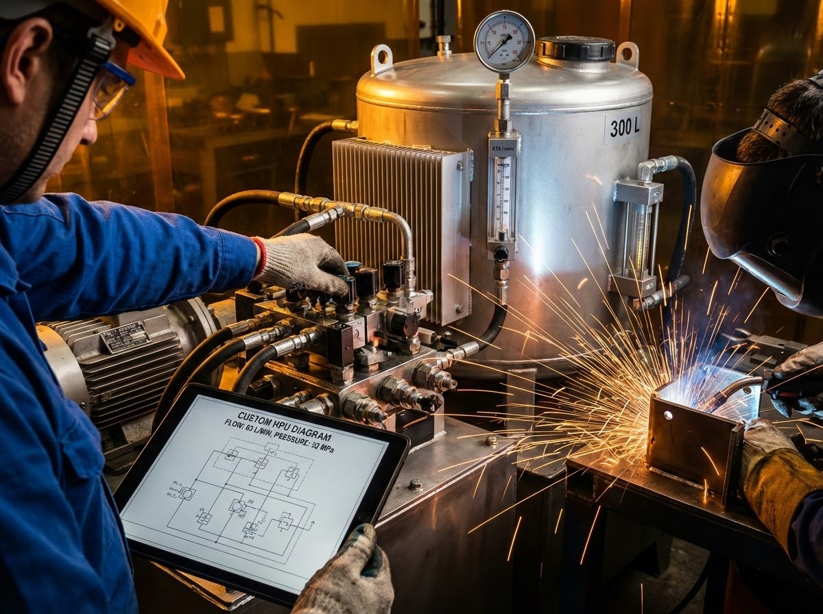 Инженер настраивает параметры маслостанции под конкретную задачу заказчика - давление 32 МПа, расход 63 л/мин