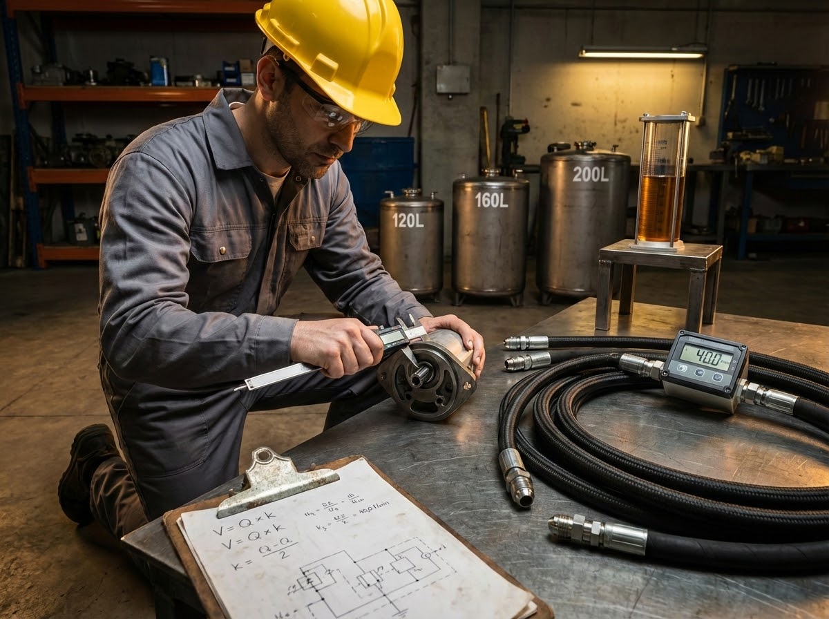 Расчет объема гидробака по формуле V=Q×k - инженер измеряет производительность насоса для подбора резервуара