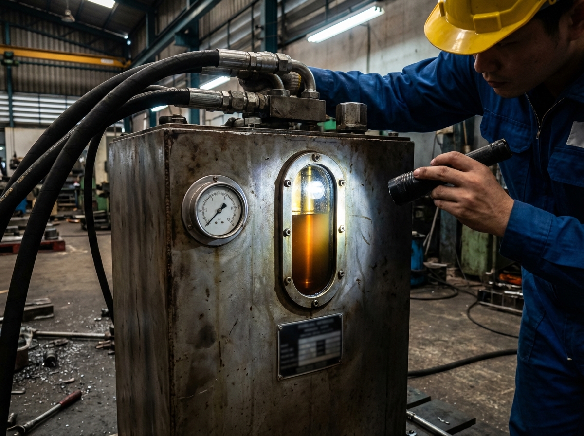 Как рассчитать объем гидробака для маслостанции 1 - Производство гидравлического оборудования Гидробак маслостанции с индикатором уровня масла - рабочий проверяет объем гидравлической жидкости в резервуаре