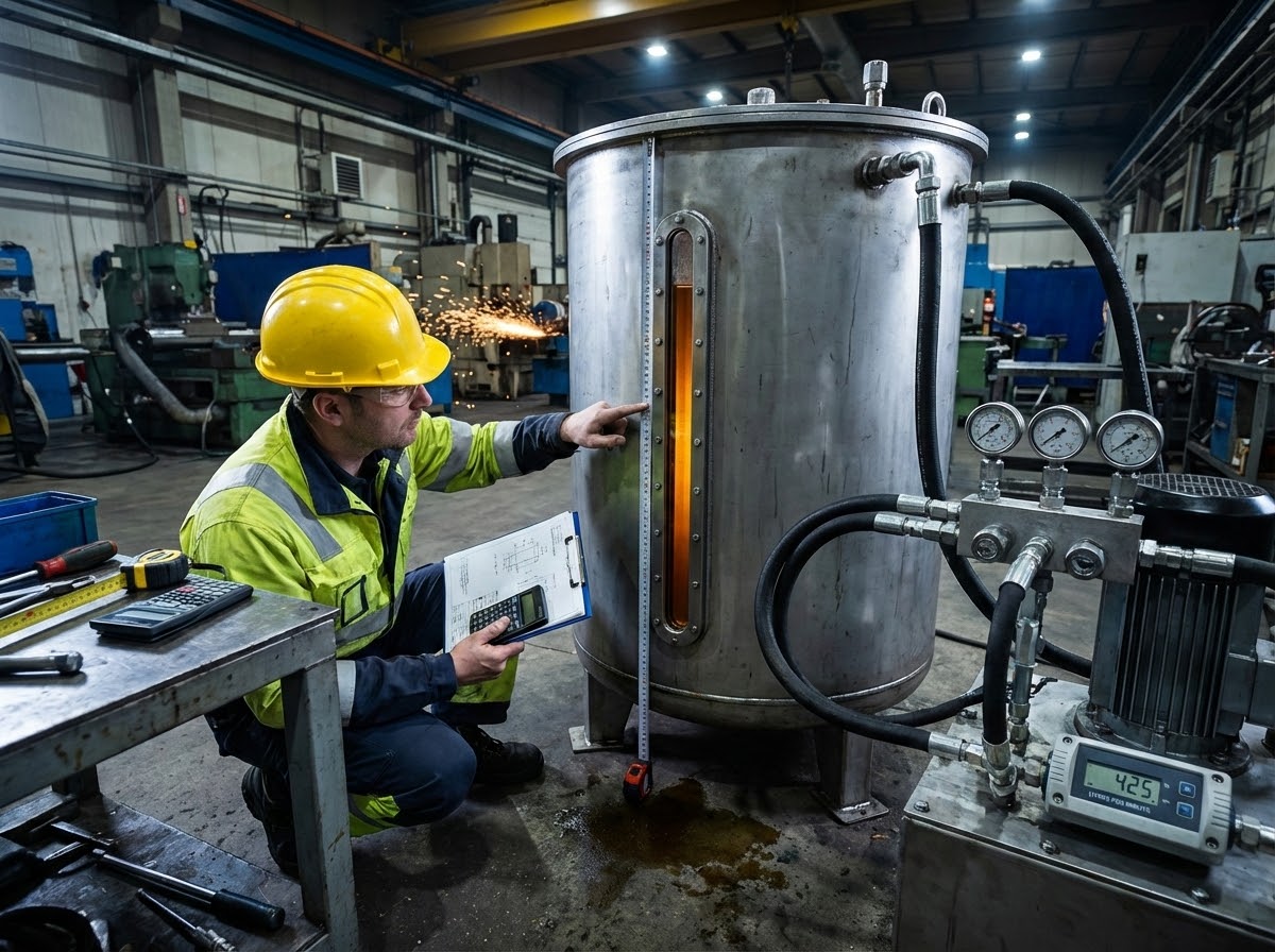 Расчет объема гидробака по производительности насоса - инженер измеряет параметры маслостанции для определения необходимой емкости резервуара