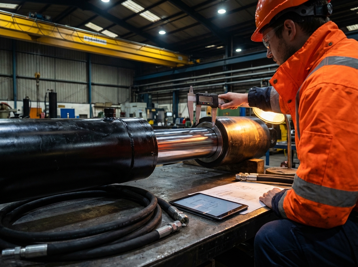 Как рассчитать вес и габариты гидроцилиндра без ошибок 1 - Производство гидравлического оборудования Инженер измеряет габаритные размеры гидроцилиндра штангенциркулем - проверка монтажной длины и хода штока перед установкой