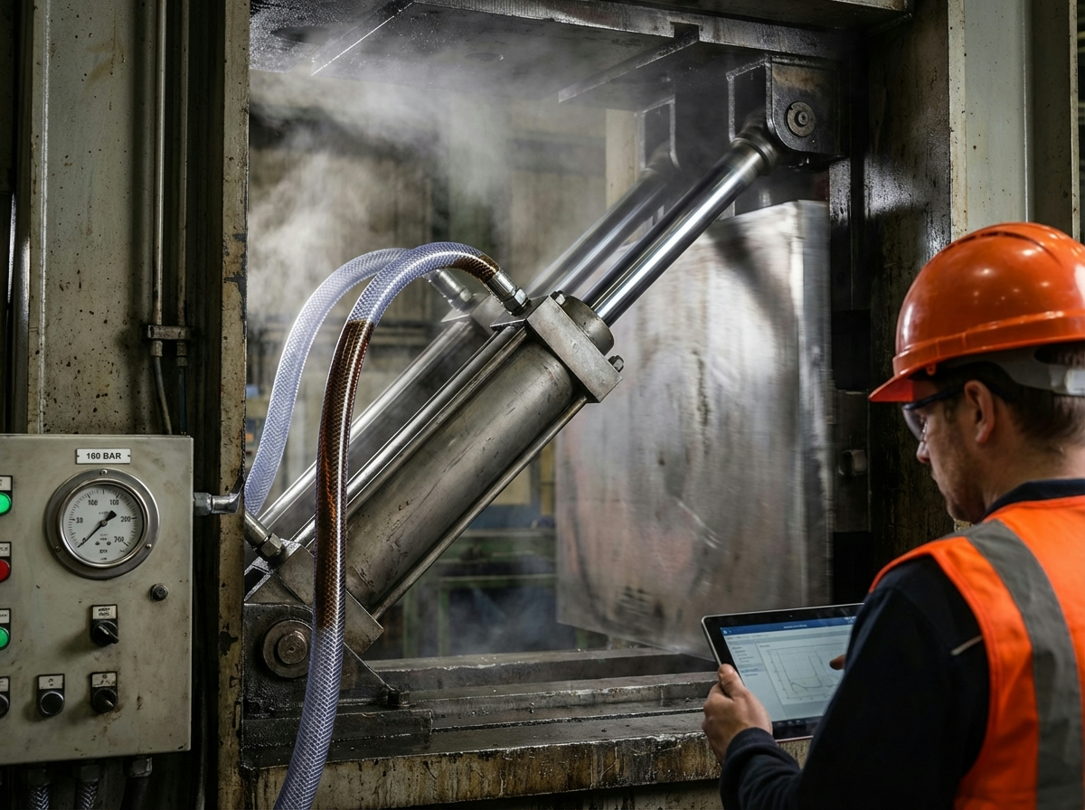 Гидроцилиндр под нагрузкой толкает металлическую плиту, манометр показывает рабочее давление системы