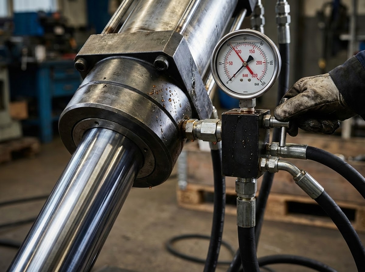 Гидроцилиндр пресса диаметром 200 мм под давлением 320 бар - демонстрация формулы расчета усилия через площадь поршня и давление