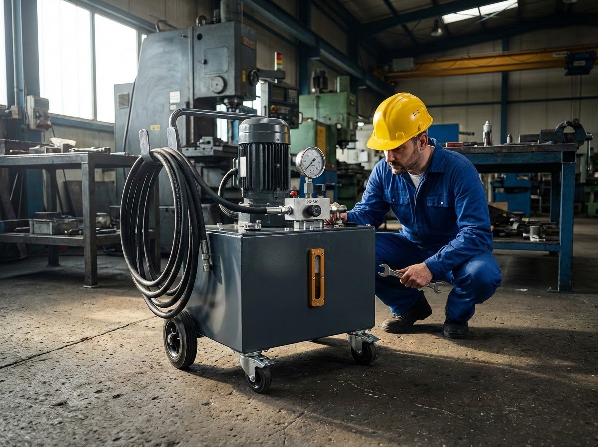 Мини гидростанции: когда размер имеет значение 1 - Производство гидравлического оборудования Компактная мини гидростанция с баком 15 литров на передвижной тележке в промышленном цехе - основные компоненты маслостанции малого размера