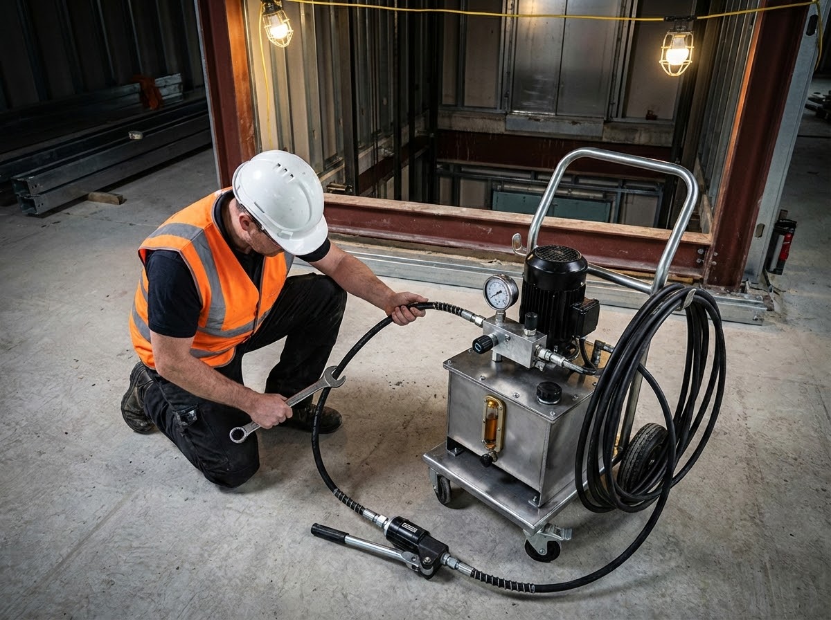 Мини гидростанции: когда размер имеет значение 2 - Производство гидравлического оборудования Монтажник лифтов использует мобильную мини гидростанцию на колёсиках для натяжки тросов - применение компактной маслостанции на объекте