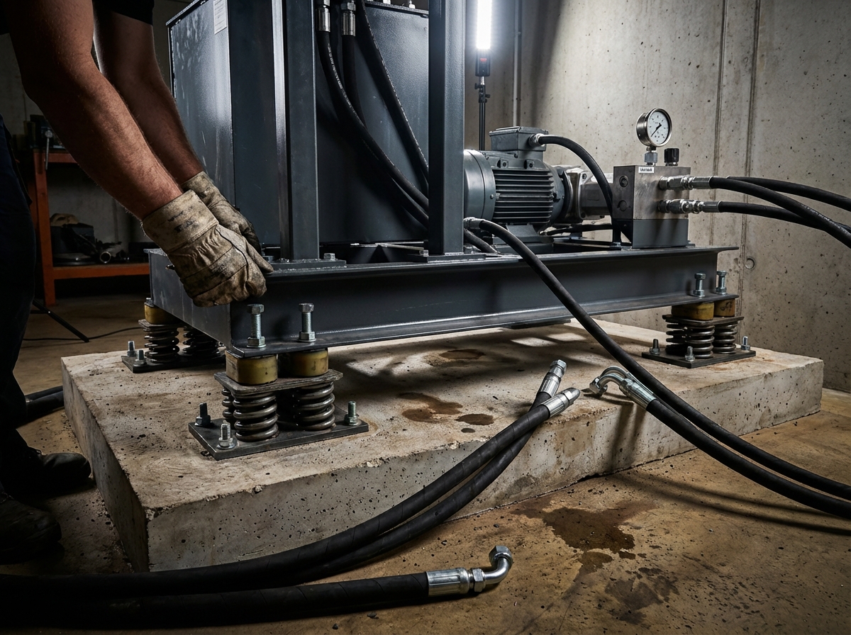 Установка гидростанции на виброопоры - полиуретановые демпферы под рамой для защиты от вибрации насоса на 1500 оборотов