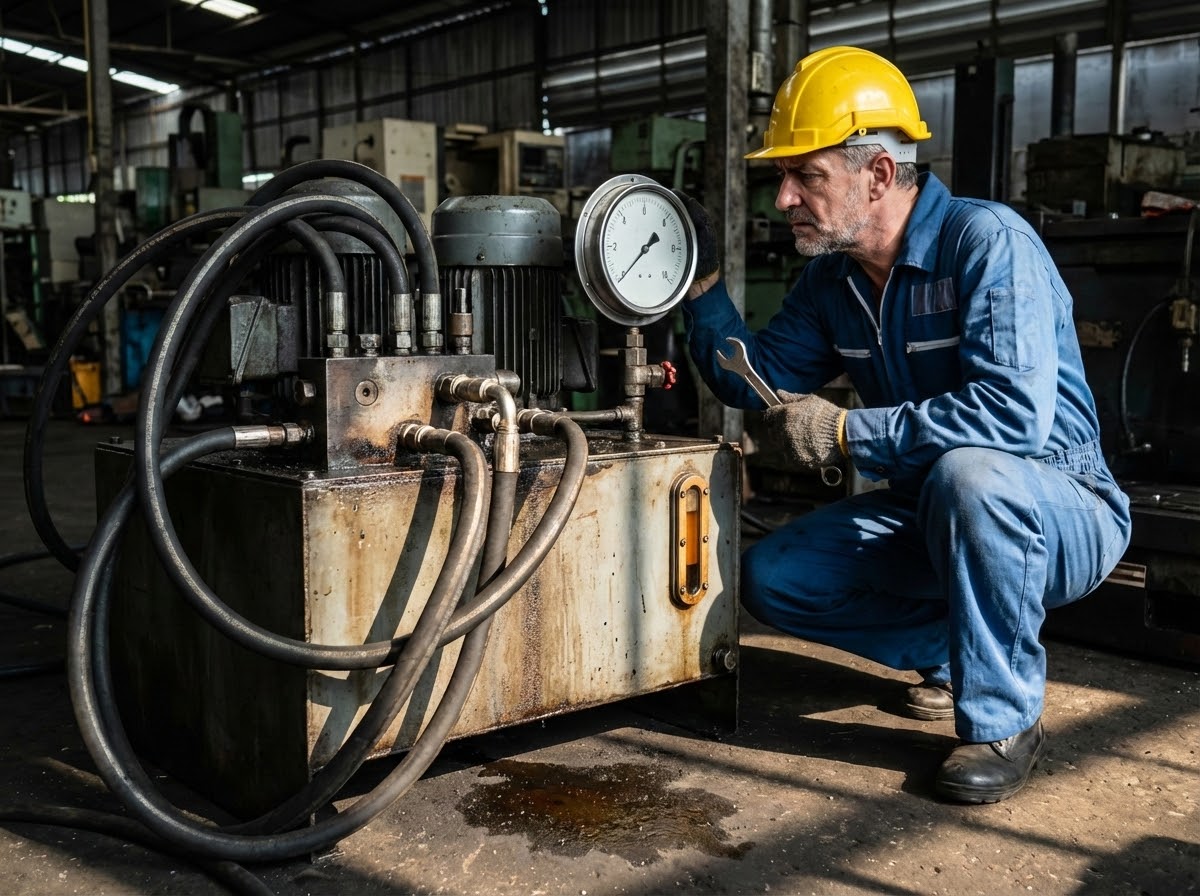 Техник проверяет манометр на маслостанции без давления - диагностика неисправности гидравлического насоса
