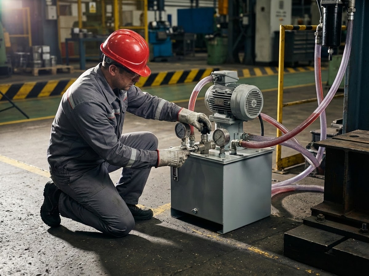 Односкоростная гидростанция для грузового подъёмника - классическая надёжная схема с одним насосом