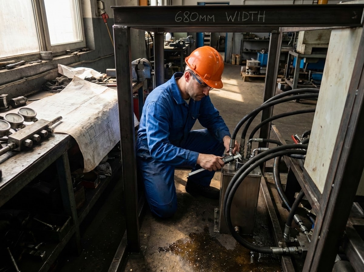 Инженер проектирует гидростанцию нестандартных габаритов с вертикальным баком для узкого проёма 680 мм на производстве