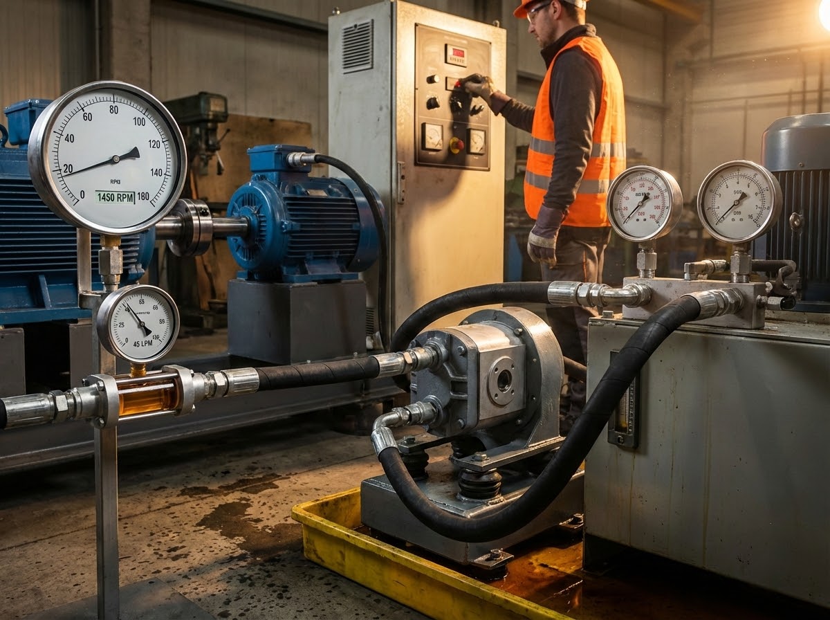 Шестеренный насос: почему это рабочая лошадка гидравлики 3 - Производство гидравлического оборудования Тестирование производительности шестеренного насоса - тахометр оборотов, расходомер, зависимость подачи масла от скорости вращения двигателя