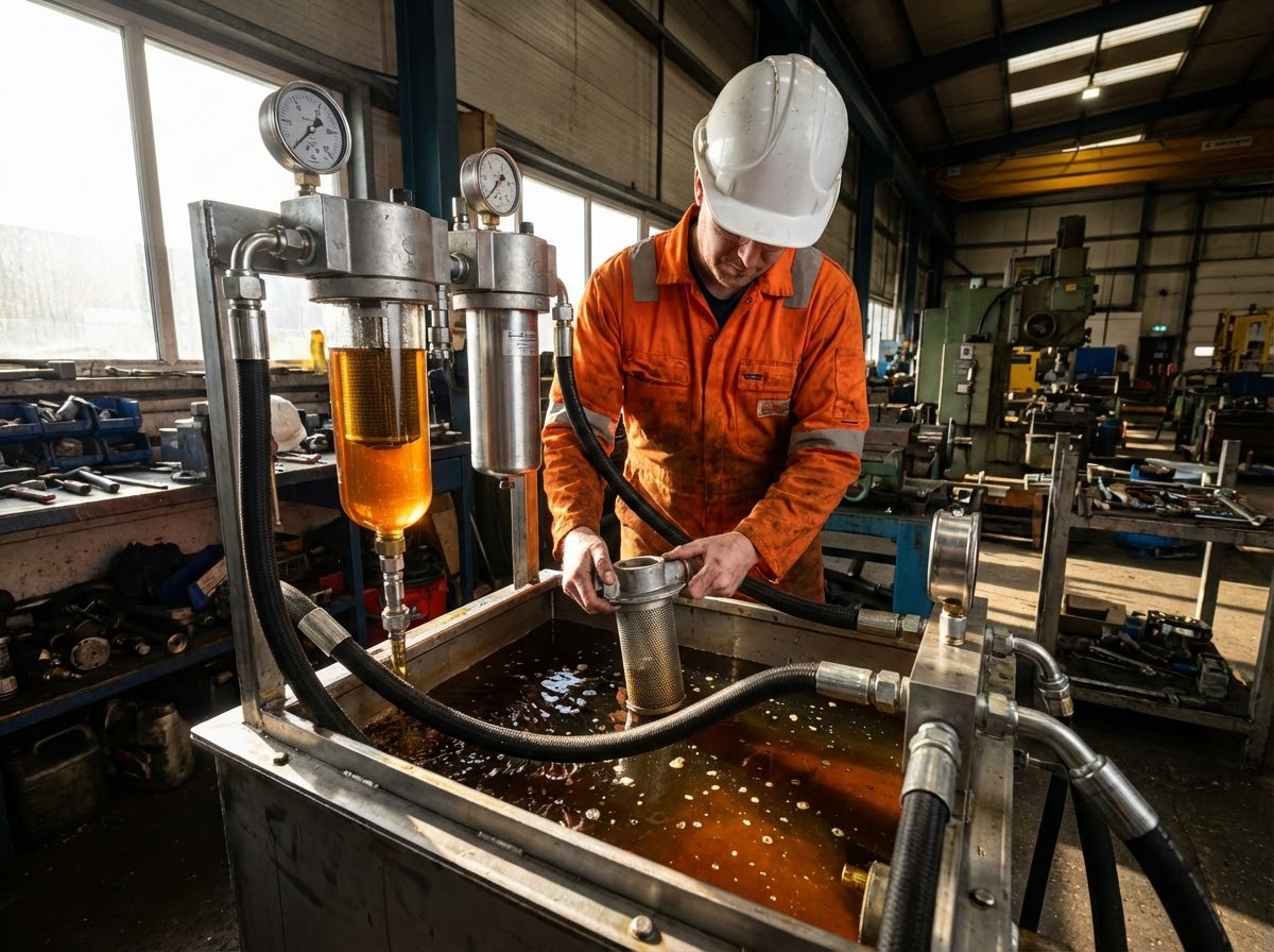 Системы фильтрации для гидравлики: как не убить оборудование за сезон 3 - Производство гидравлического оборудования Трехступенчатая система фильтрации гидравлики - всасывающий, напорный и сливной фильтры на гидростанции в процессе обслуживания