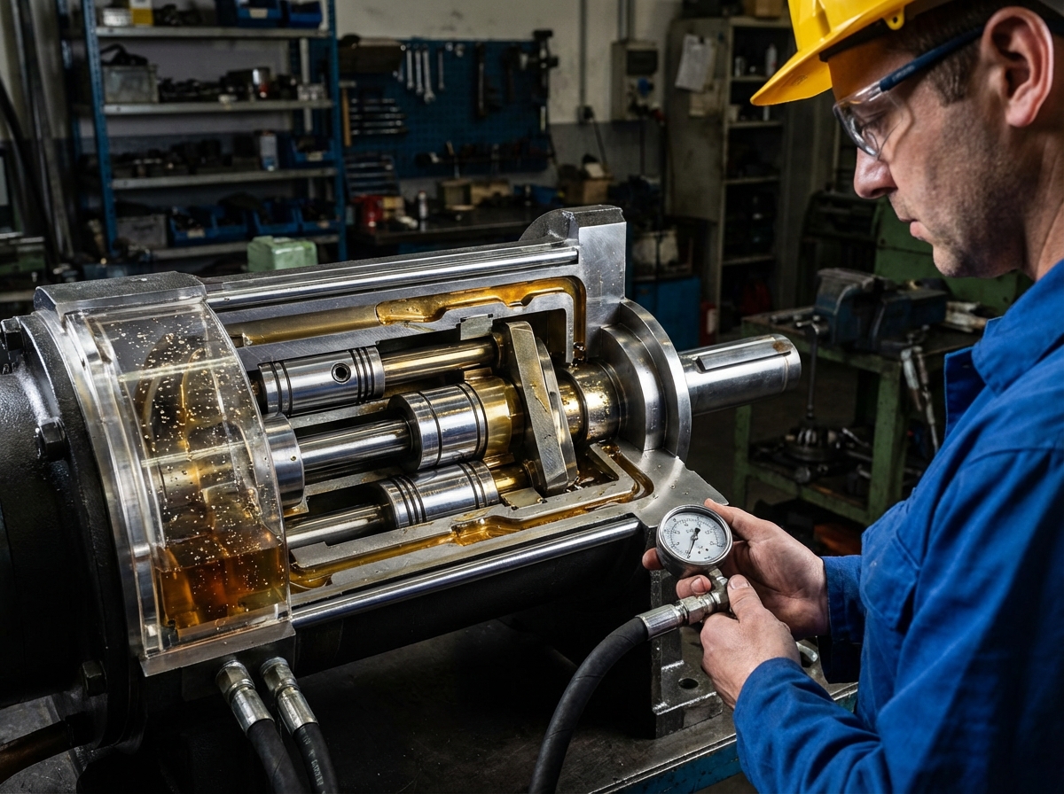 Внутреннее устройство аксиально-поршневого гидромотора с блоком цилиндров и наклонной шайбой - иллюстрация принципа работы