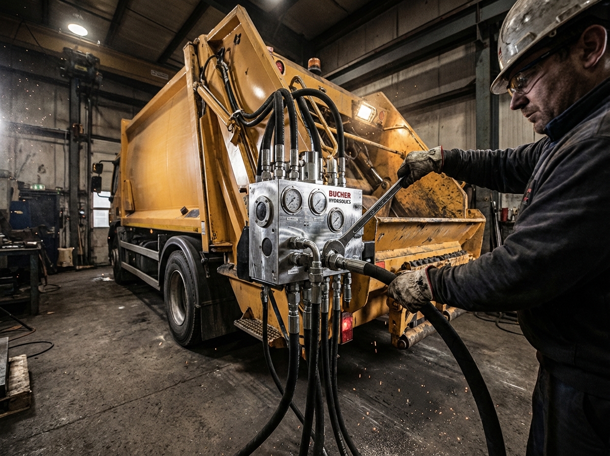 Bucher Hydraulics в России: что делать, когда поставки встали 2 - Производство гидравлического оборудования Детальный снимок гидравлического клапанного блока Bucher Hydraulics, интегрированного в систему тяжелой спецтехники. Рабочий в СИЗ затягивает стальной фитинг на черном армированном шланге.