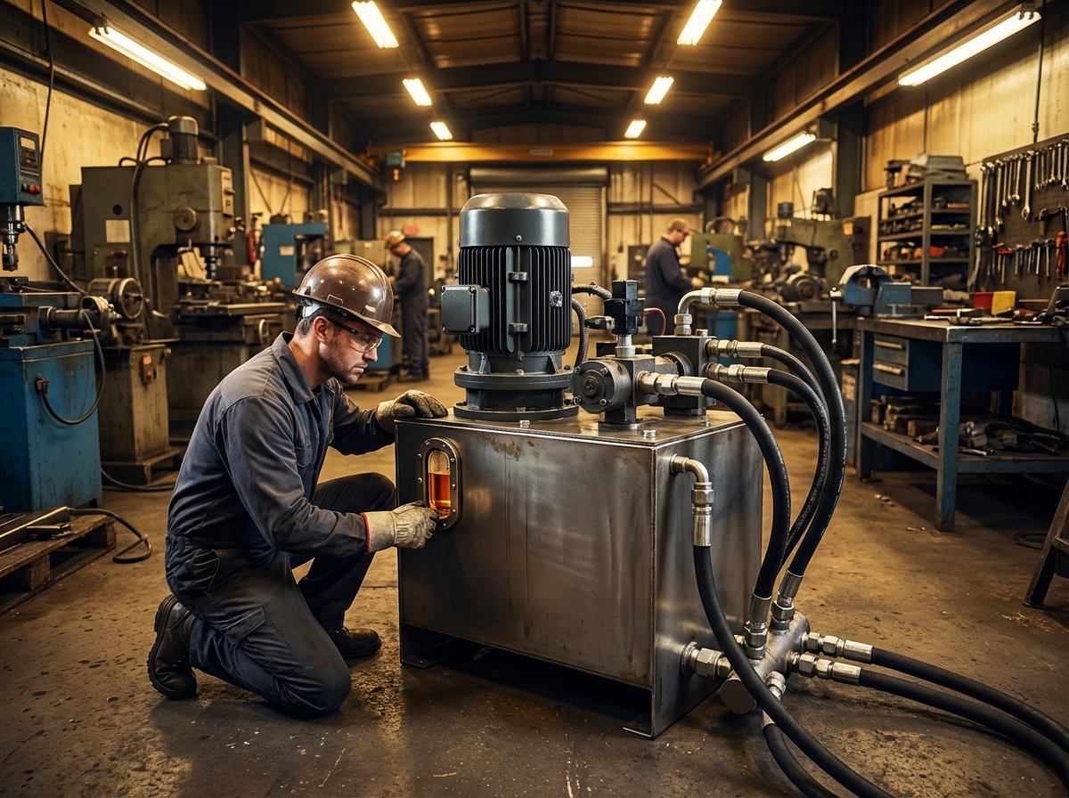 Bucher Hydraulics в России: что делать, когда поставки встали 3 - Производство гидравлического оборудования Гидравлическая силовая установка (гидростанция) со стальным баком и насосом. Техник в СИЗ проверяет уровень янтарного гидравлического масла в баке.