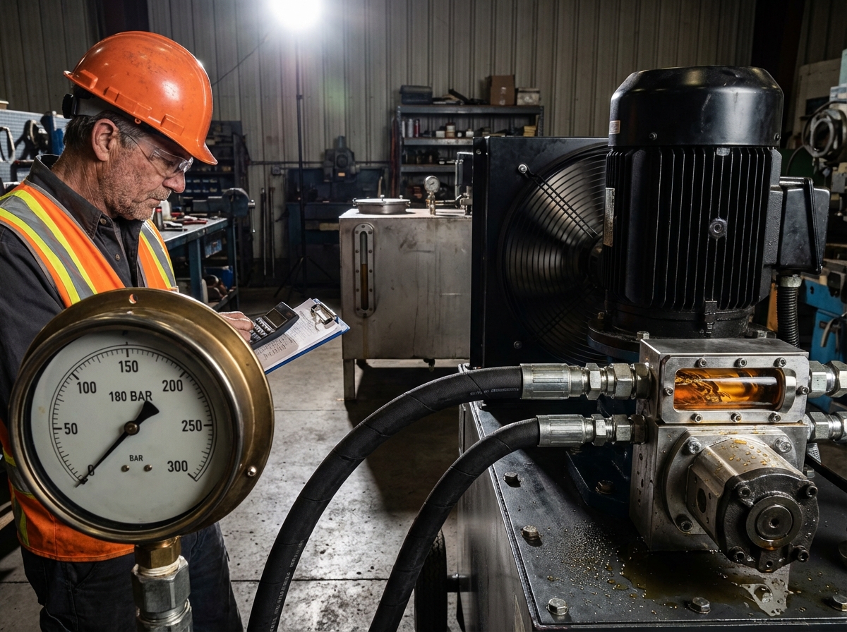 Расчёт мощности насоса гидростанции - инженер с калькулятором у работающей маслостанции с манометром и насосом