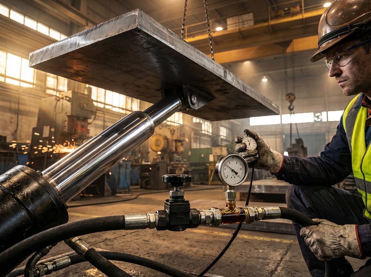 Дроссель на выходе гидроцилиндра при подъёме нагрузки - иллюстрация к разделу о монтаже дросселя на сливной линии