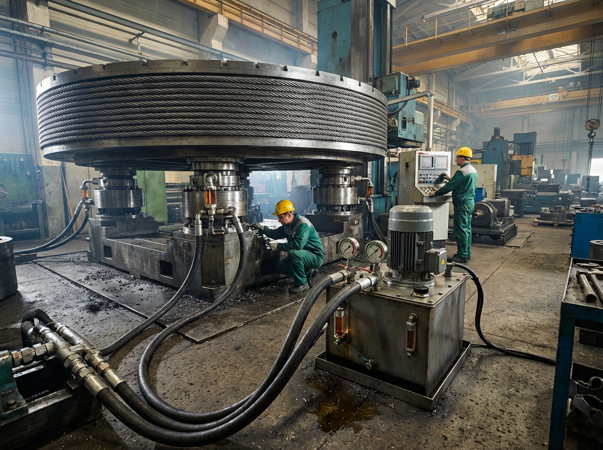 Карусельный станок с поворотным столом 8 метров на четырёх гидростатических опорах - стол поднят на масляной плёнке от маслостанции