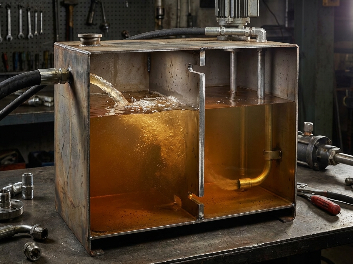 Внутреннее устройство гидравлического бака с перегородкой, разделяющей зоны возврата и всасывания масла, демонстрируя поток янтарного гидравлического масла.