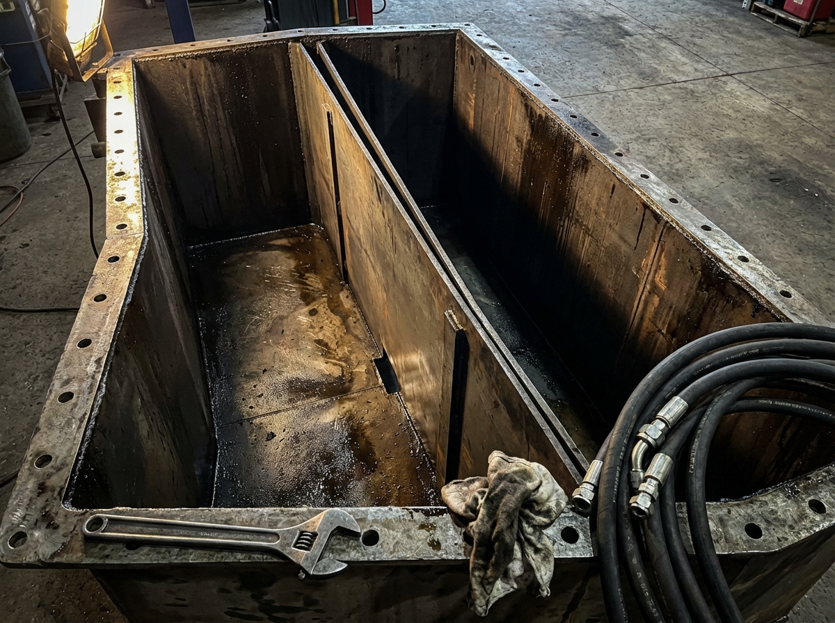 Крупный план внутренней конструкции гидравлического бака, показывающий стальную перегородку с зазорами снизу и сверху для правильной циркуляции и осаждения.