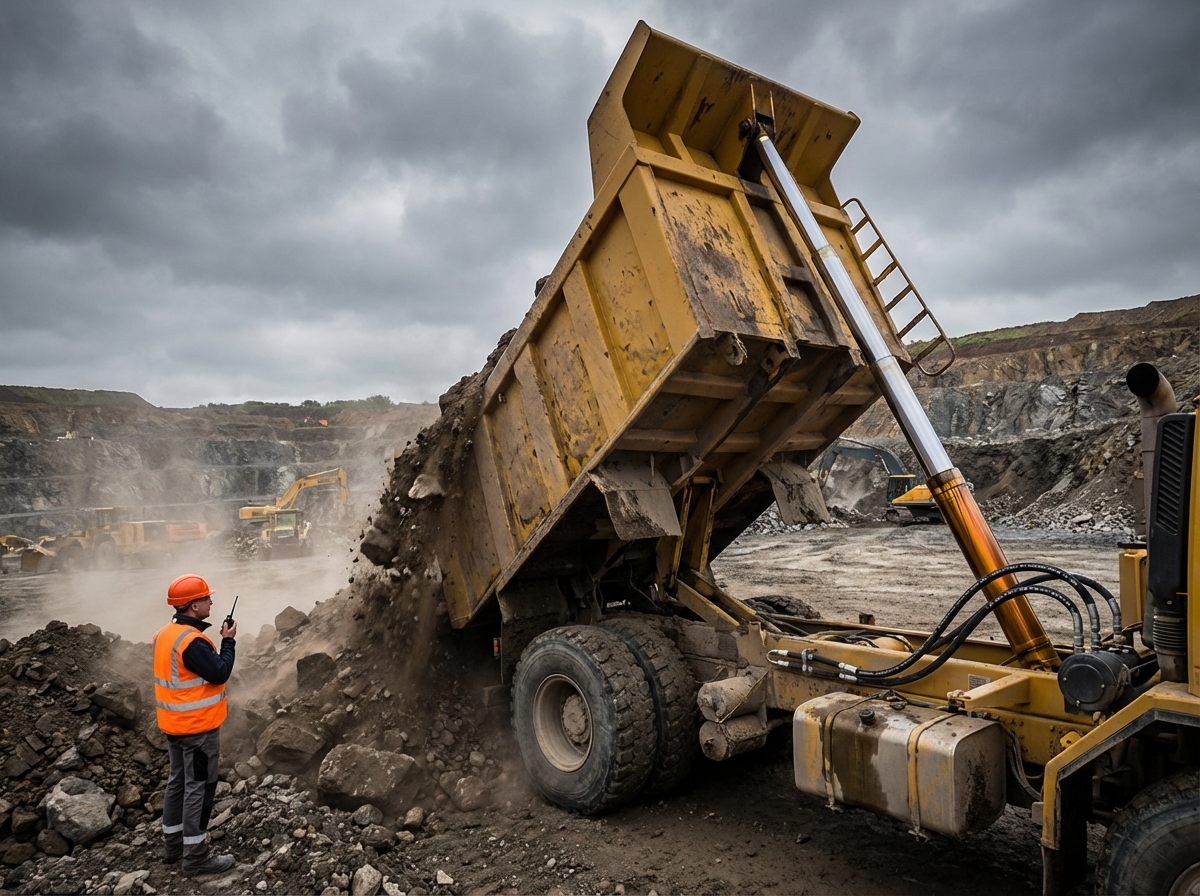 Самосвал с поднятым кузовом выгружает грунт - гидроцилиндр в действии на карьере