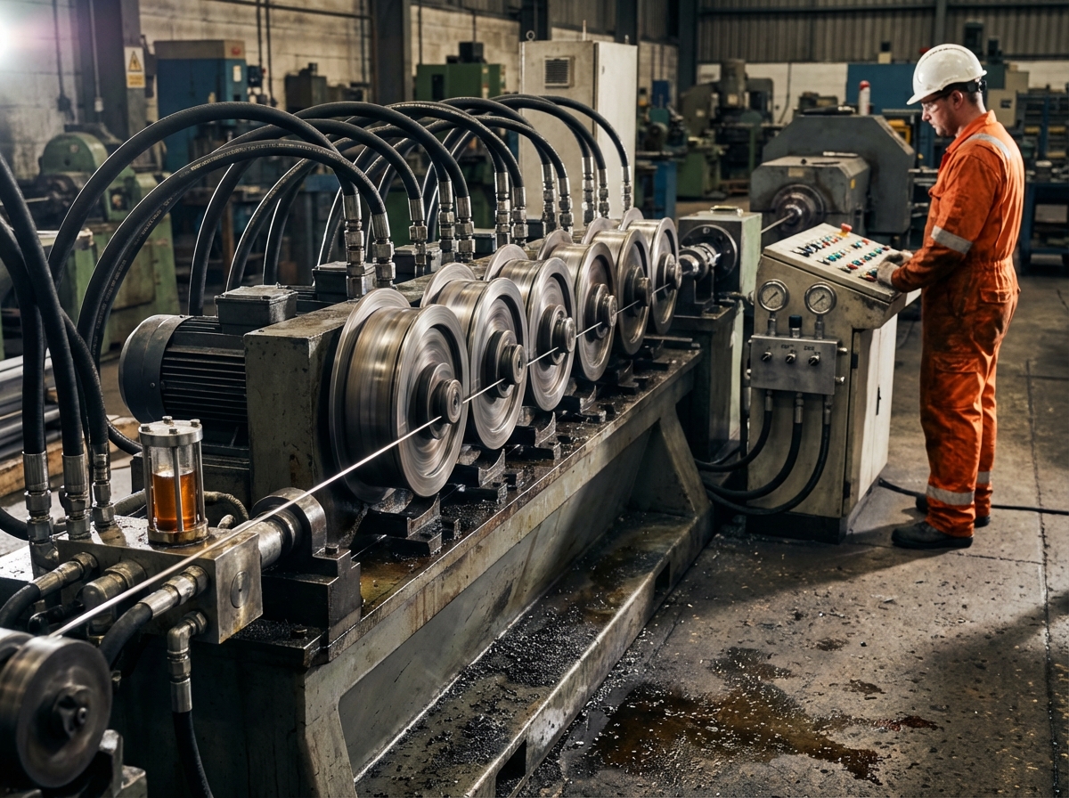 Волочильный стан с гидравлическим приводом: синхронизированные тяговые барабаны с гидромоторами тянут проволоку на скорости 15 м/с