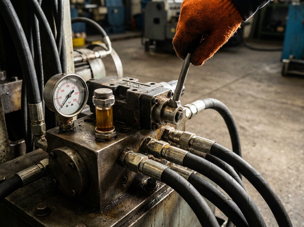 Гидрораспределитель: как выбрать и не пожалеть через месяц работы 1 - Производство гидравлического оборудования Гидрораспределитель на стальном коллекторе с подключенными РВД рукавами высокого давления и манометром - главное изображение статьи о выборе гидрораспределителя