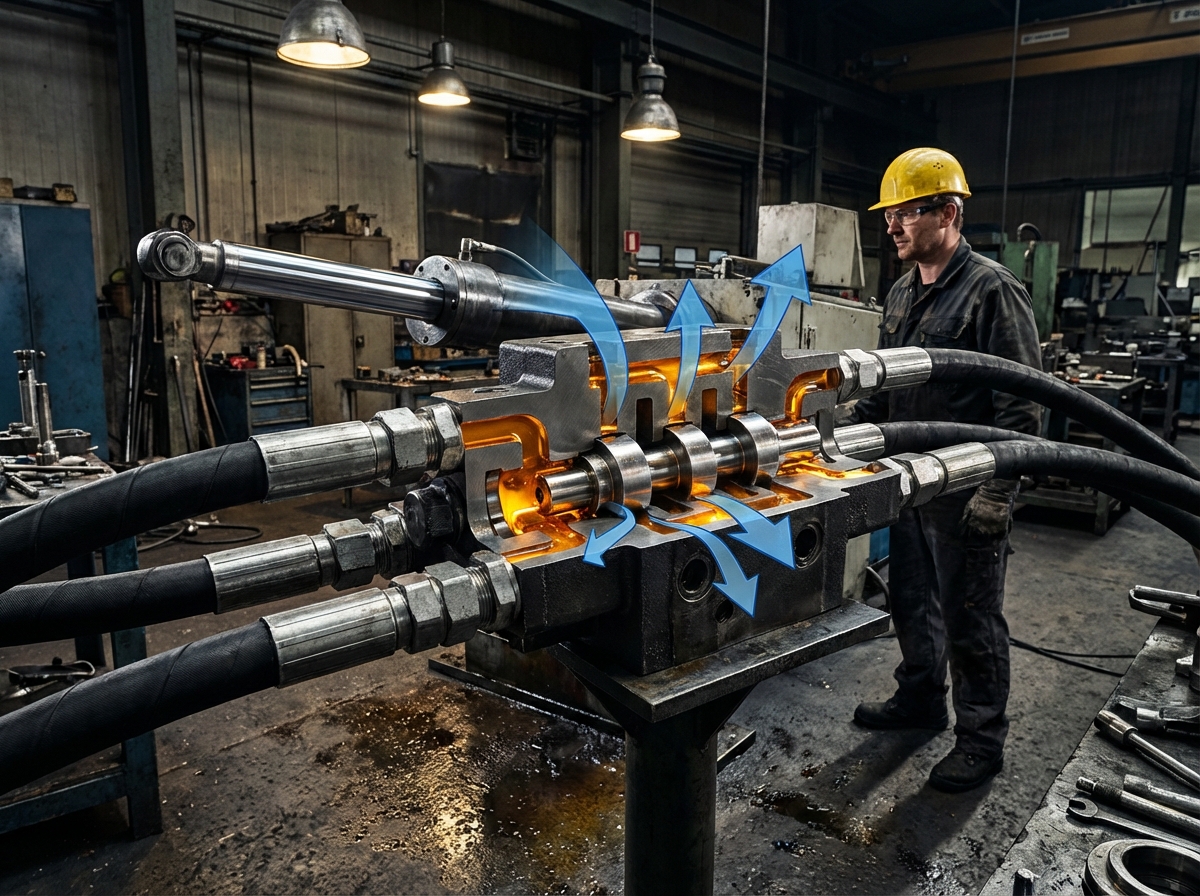 Гидрораспределитель: как выбрать и не пожалеть через месяц работы 2 - Производство гидравлического оборудования Работа гидрораспределителя - направление потоков масла в цилиндр через золотник, видны подключенные РВД рукава и движение штока