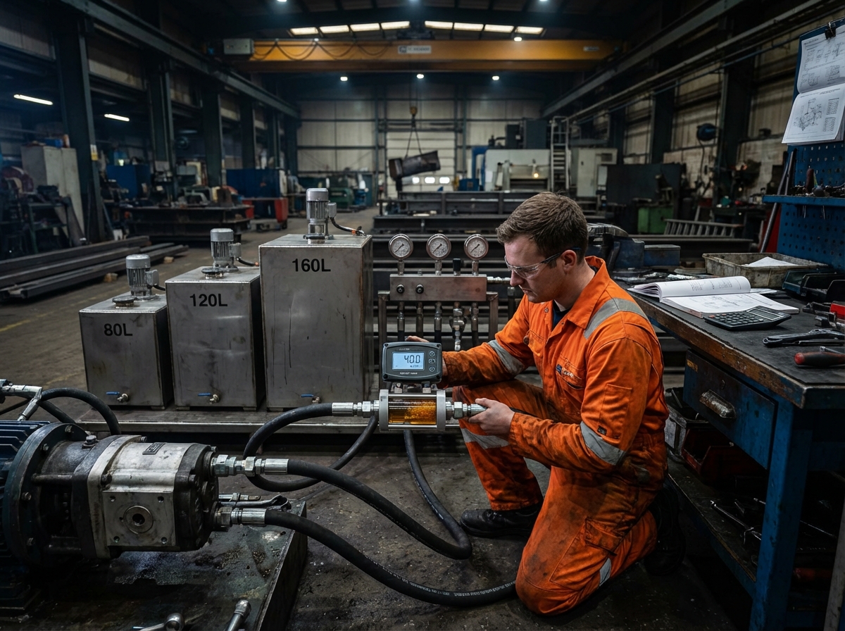 Как рассчитать объем гидробака для маслостанции 3 - Производство гидравлического оборудования Расчет объема гидробака через производительность насоса - измерение потока 40 л/мин для подбора бака 80-160 литров с коэффициентом 2-4