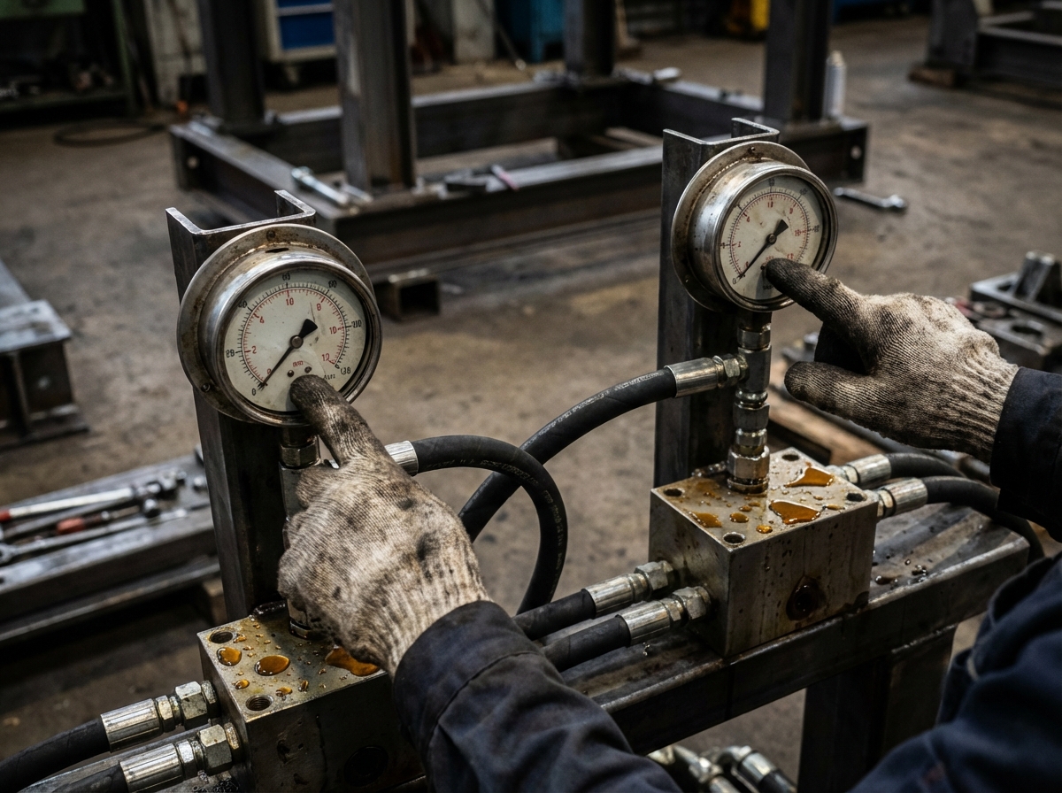 Проверка давления двумя манометрами на разных точках гидросистемы для диагностики падения давления