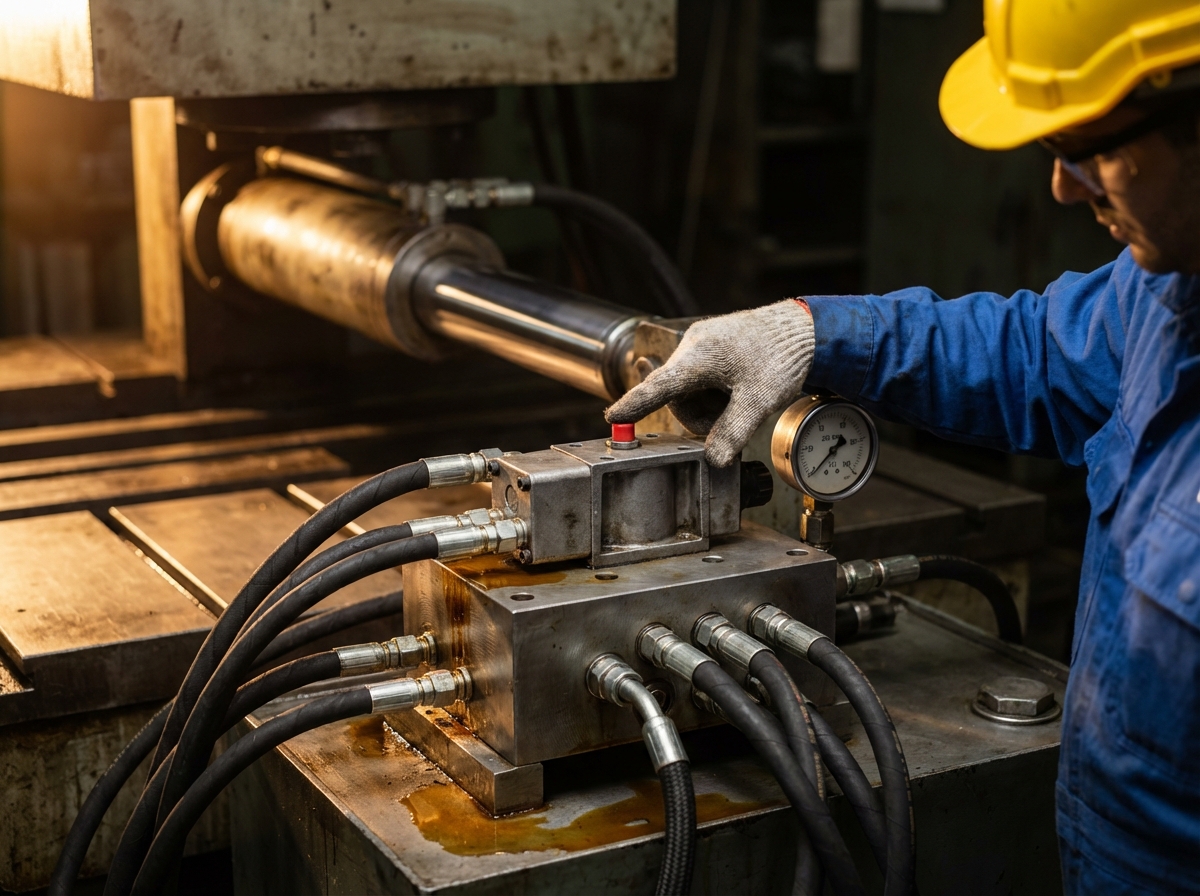 Рабочий управляет моностабильным распределителем 5/2 на гидравлическом блоке - иллюстрация принципа работы клапана с возвратной пружиной