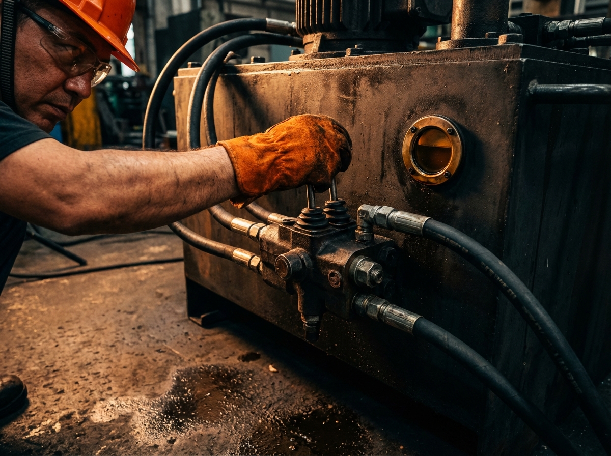 Ручное или электроуправление маслостанцией: разбираемся что кому нужно 1 - Производство гидравлического оборудования Рабочий управляет ручным рычагом распределителя маслостанции - прямое механическое управление гидравликой без электроники