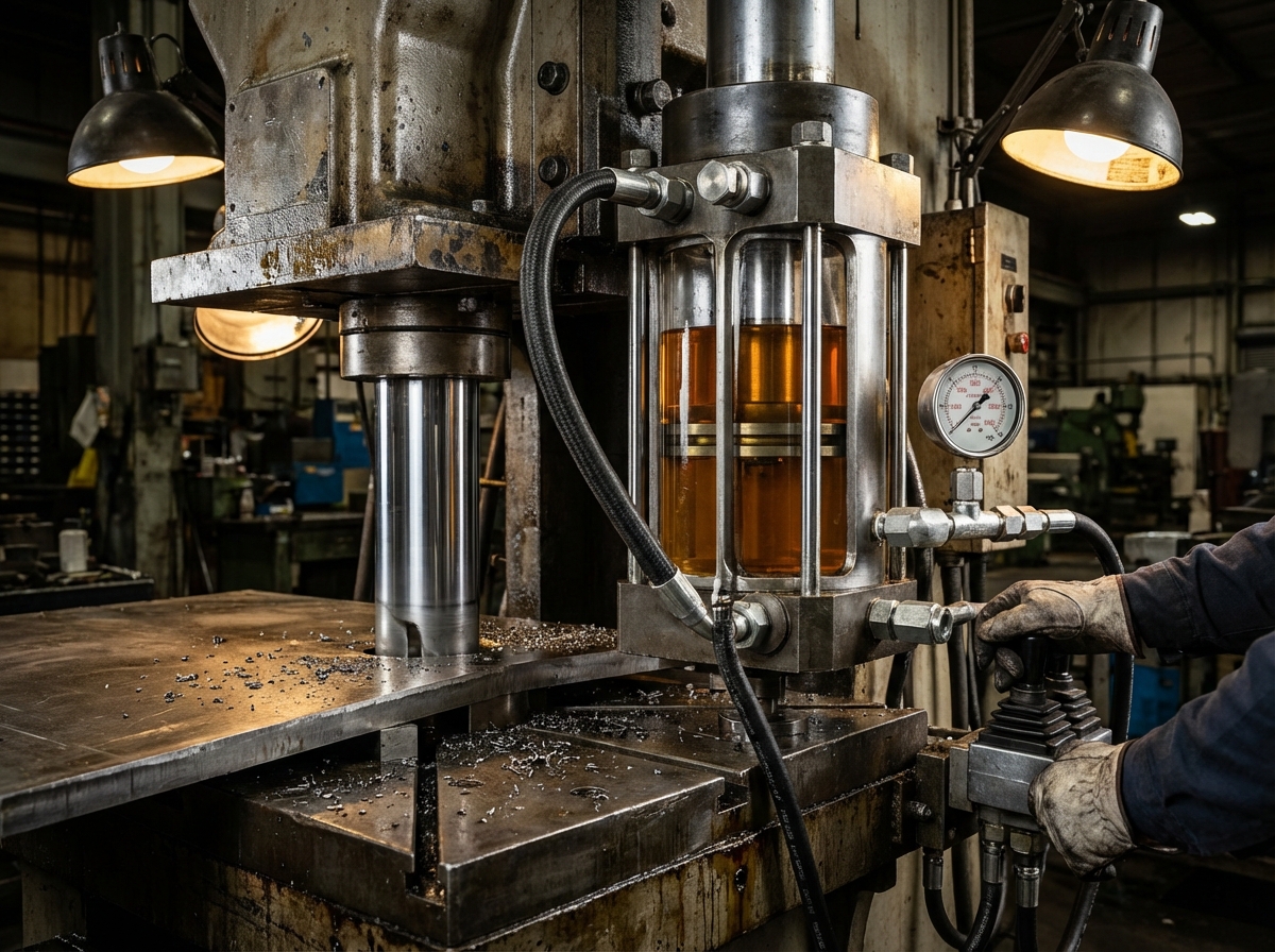 Поршневой гидроцилиндр двустороннего действия в работе на прессе: шток выдвигается под давлением масла, видна конструкция с двумя рабочими полостями