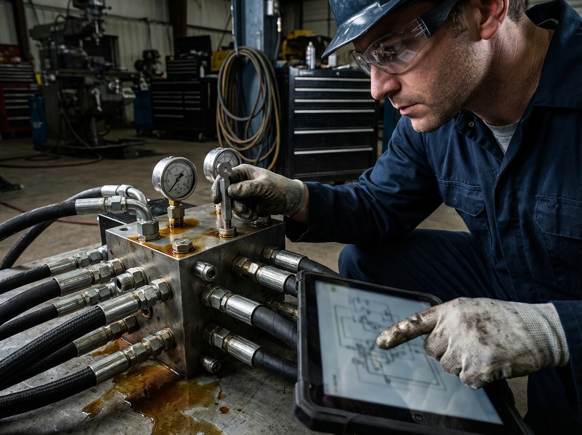 Гидравлический техник измеряет резьбу фитинга на гидравлическом коллекторе, демонстрируя проблему несовместимости стандартов резьбы.