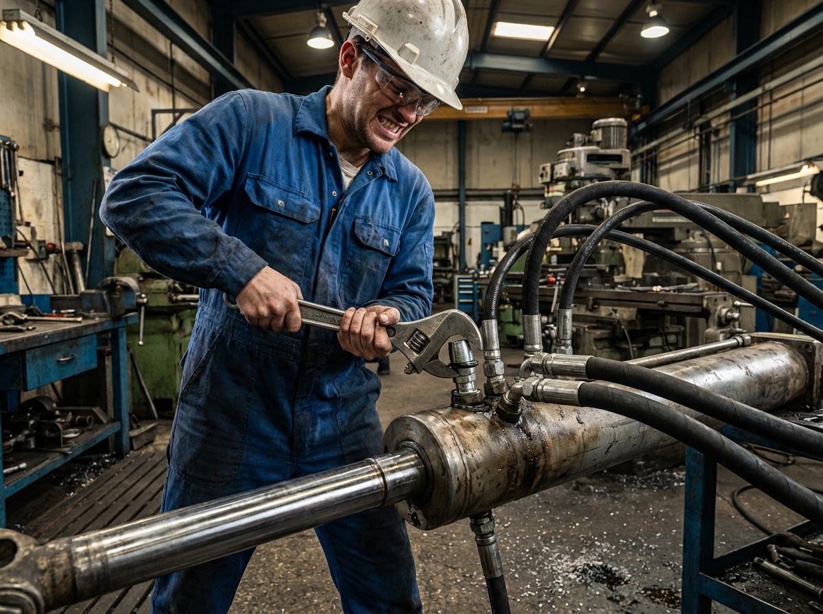 Техник пытается соединить несовместимые гидравлические фитинги BSPP и NPT, демонстрируя проблему разных стандартов резьбы.