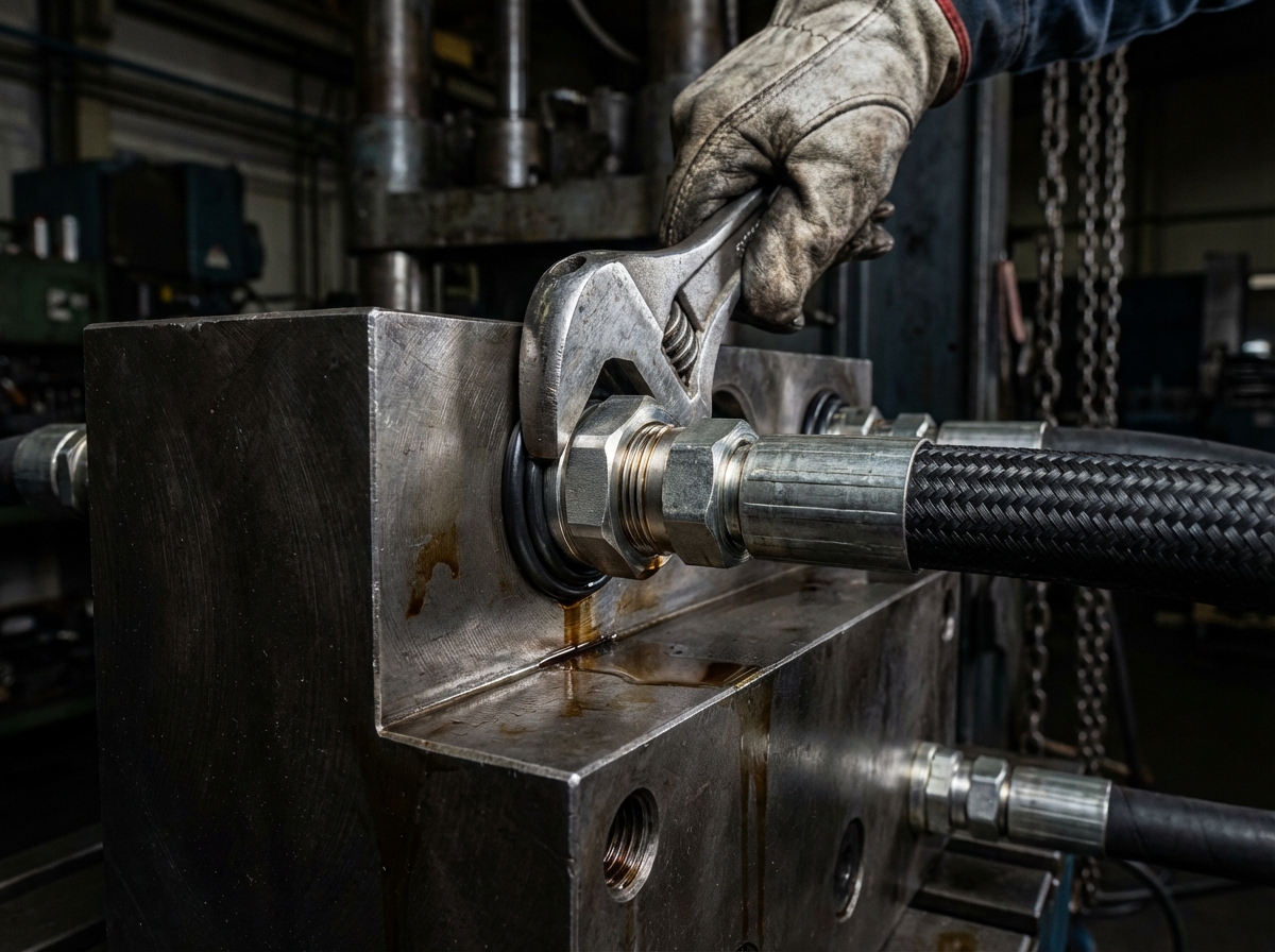 Крупный план правильной установки гидравлического фитинга BSPP с уплотнительным кольцом на стальной коллектор.