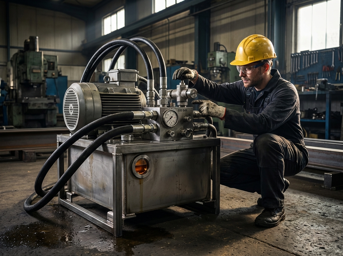 Мощная гидравлическая станция высокого давления с рабочим, контролирующим манометр, на фоне промышленного цеха.