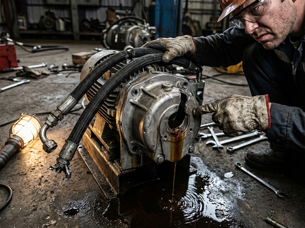 Поврежденная стандартная гидравлическая маслостанция с трещиной в корпусе насоса и утечкой масла, демонстрирующая последствия работы при слишком высоком давлении.