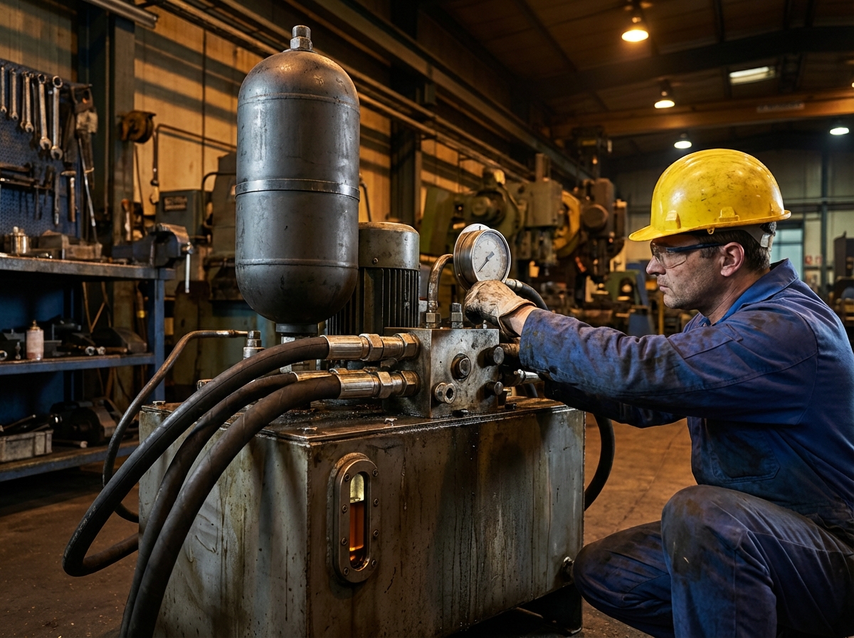 Крупный план гидравлической маслостанции с гидроаккумулятором, рабочий проверяет манометр