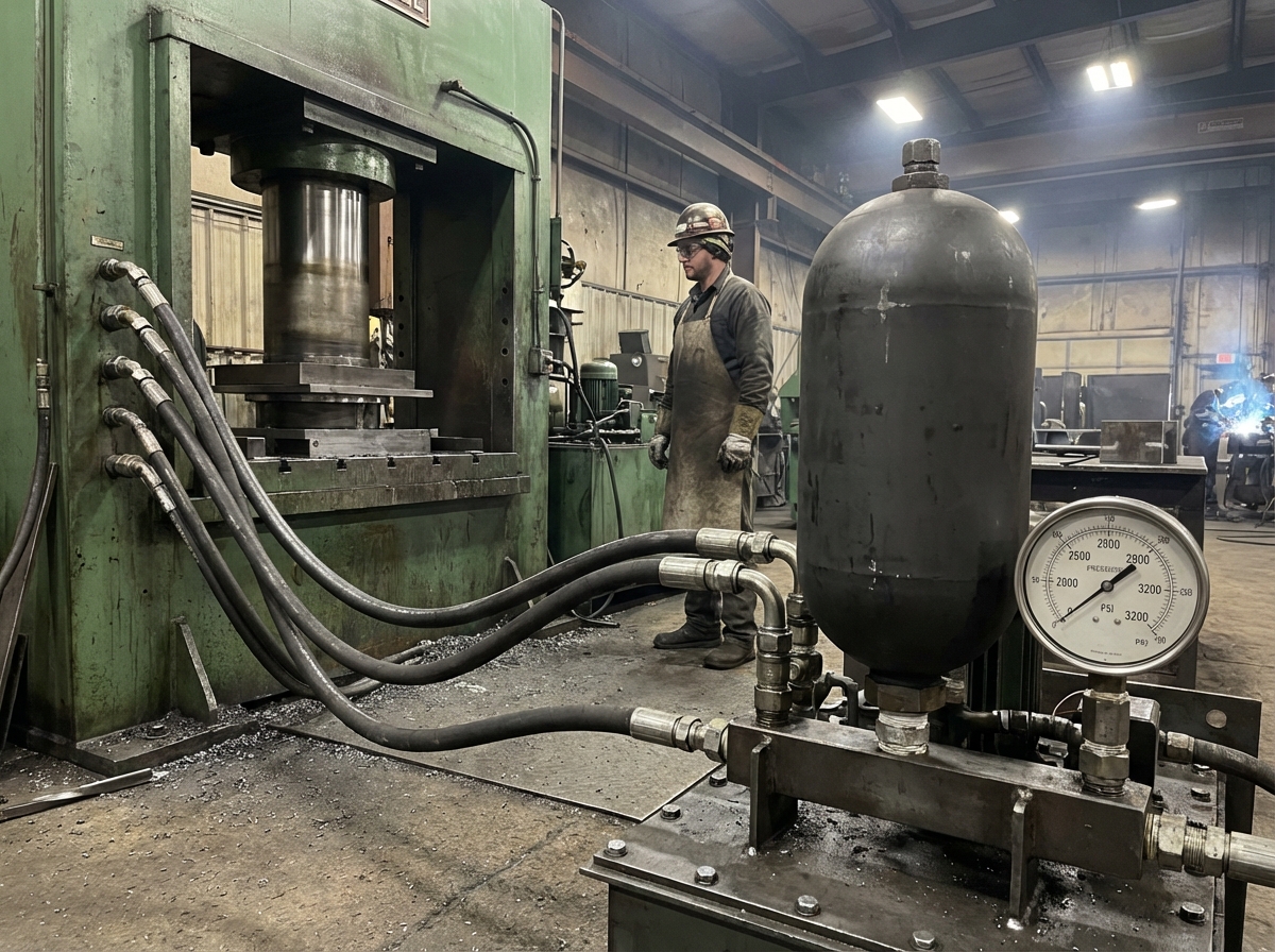 Гидравлический пресс в работе с подключенным гидроаккумулятором, демонстрирующим сглаживание пульсаций