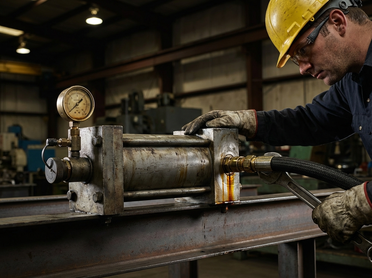 Крупный план поршневого гидроаккумулятора, рабочий осматривает соединения