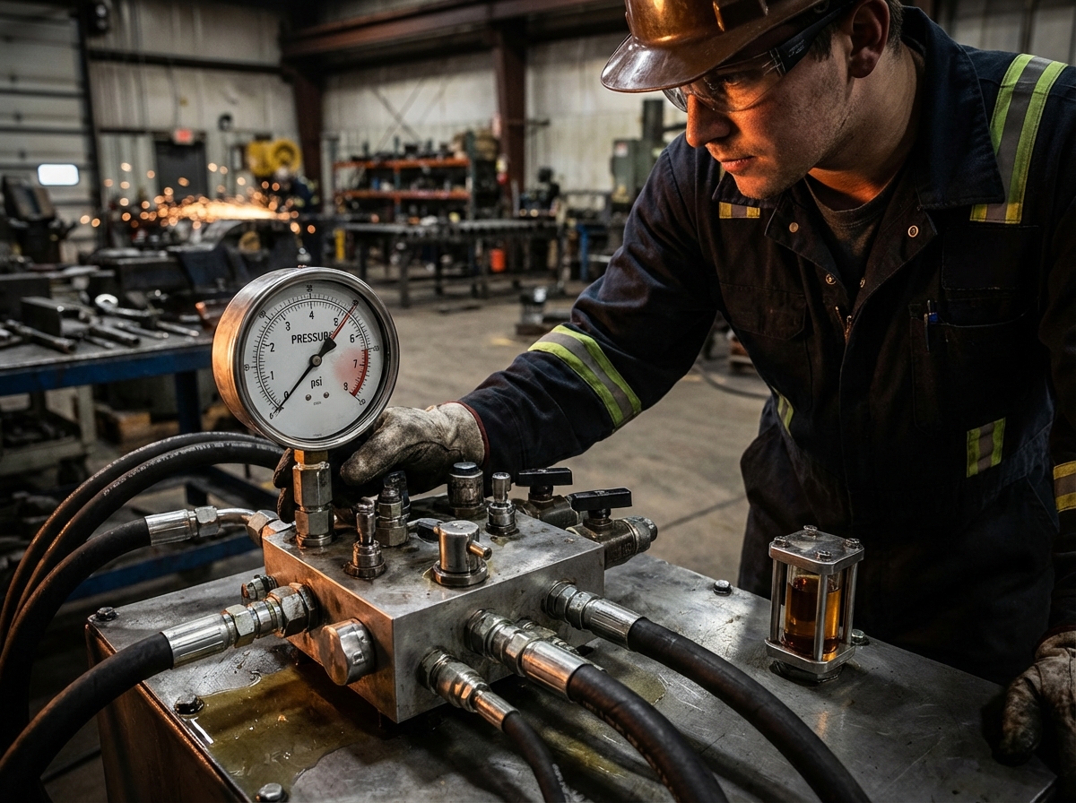 Рабочий в каске наблюдает за манометром на гидравлическом испытательном стенде