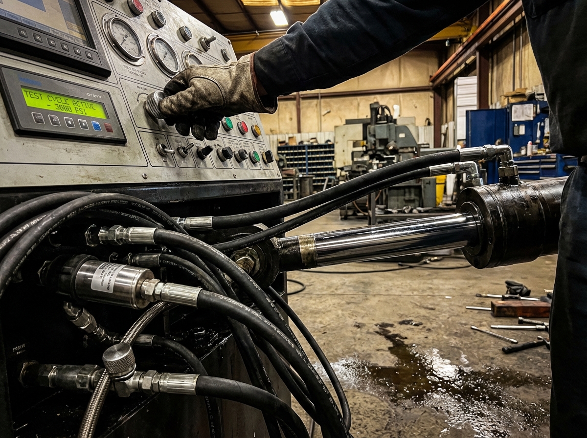 Рабочий настраивает панель управления гидравлического испытательного стенда с активным цилиндром