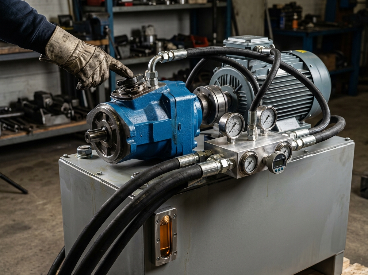Крупный план гидравлической маслостанции с регулируемым насосом для испытательного стенда