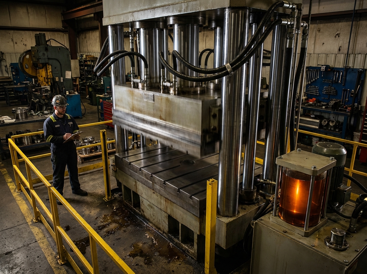 Мощный промышленный гидравлический пресс в фазе быстрого подвода плиты, с видимыми черными гидравлическими шлангами и рабочим в СИЗ. Иллюстрирует заголовок H1: Гидравлика для пресса: расчёт цикла, схемы и синхронизация цилиндров.