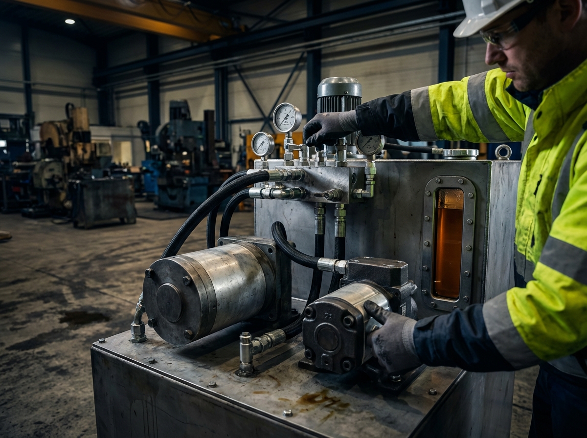 Крупный план гидравлической насосной станции с двухпоточной схемой, показывающей два насоса и манифольд с клапанами. Иллюстрирует раздел H2: Расчёт цикла пресса: с чего начинать.