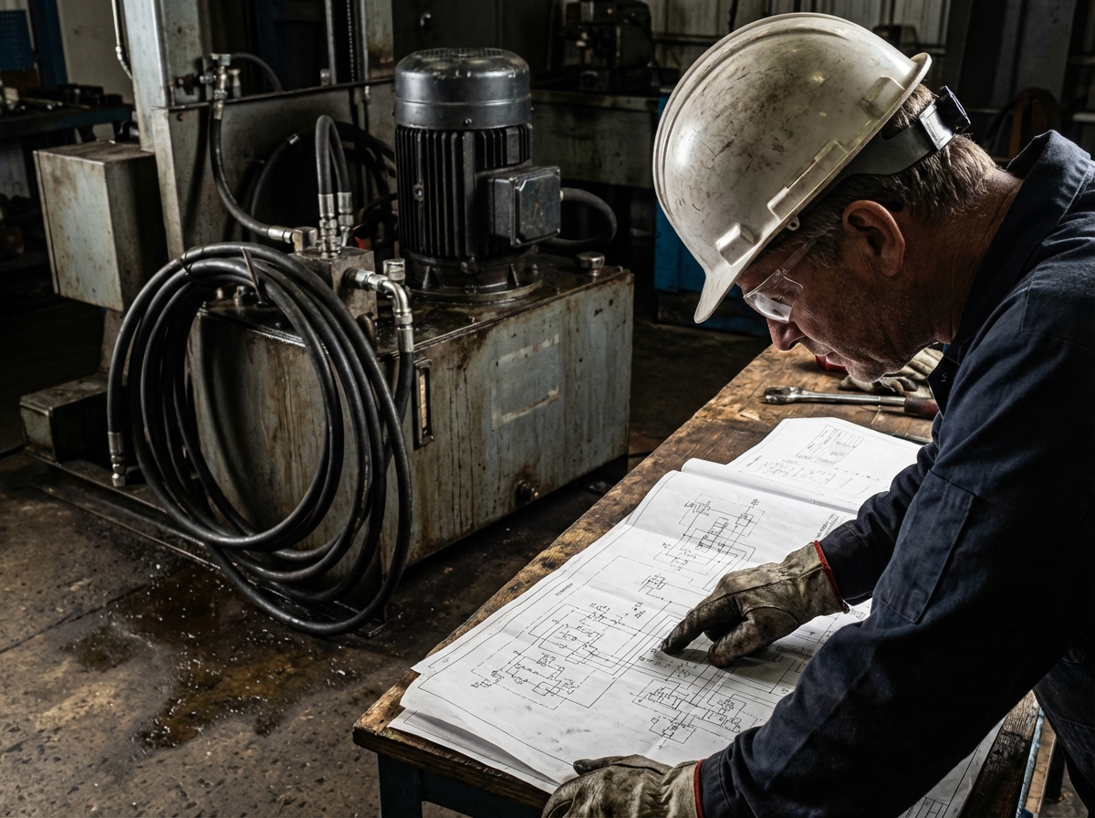 Техник изучает гидравлическую схему маслостанции