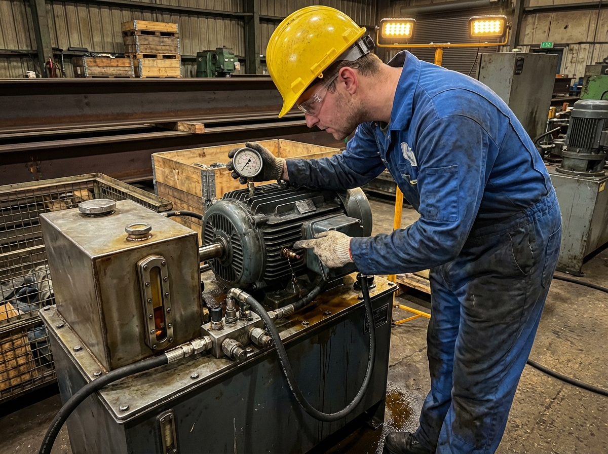 Техник диагностирует неисправность гидравлической системы, используя манометр